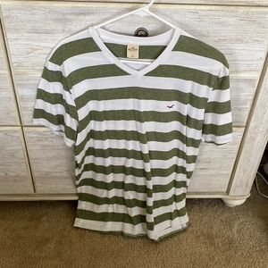 Hollister Mens T Shirt - Green and White Stripped with logo on front - Large